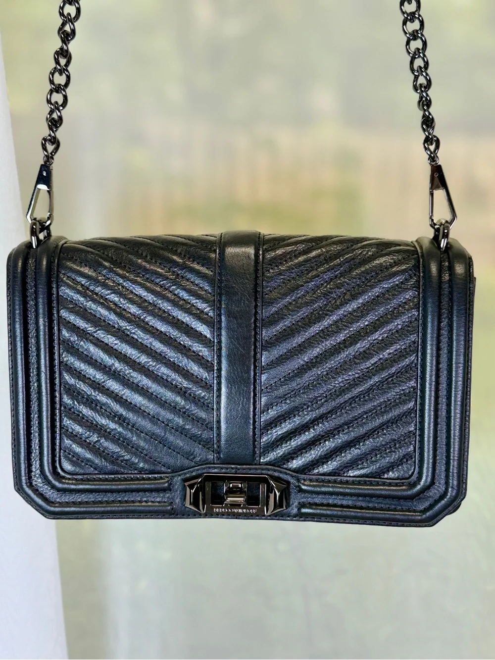 Rebecca Minkoff Love Black Chevron Leather Crossbody Gun Metal HW Like New